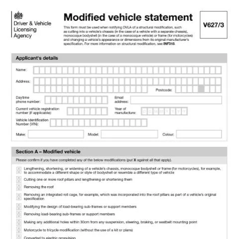 Document preview: Understanding DVLA V627/3 Form for Vehicle Structural Modifications — Vehicle & driving