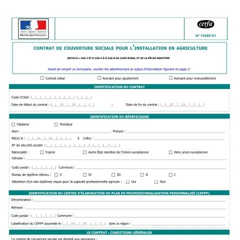 Aperçu du document Protection sociale lors de votre installation agricole — Démarches administratives (CERFA n°15486*01)