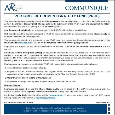 Document preview: Official Notice on the Portable Retirement Gratuity Fund in Mauritius — Retirement & pension (CERFA n°Communique230222)