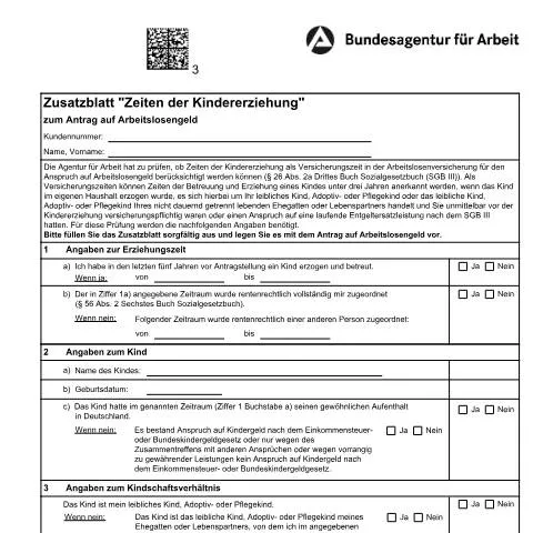Dokumentvorschau: Erziehungszeiten im deutschen Sozialsystem verstehen — Familie (CERFA n°zusatzblatt-zeiten-der-kindererziehung_ba040335)