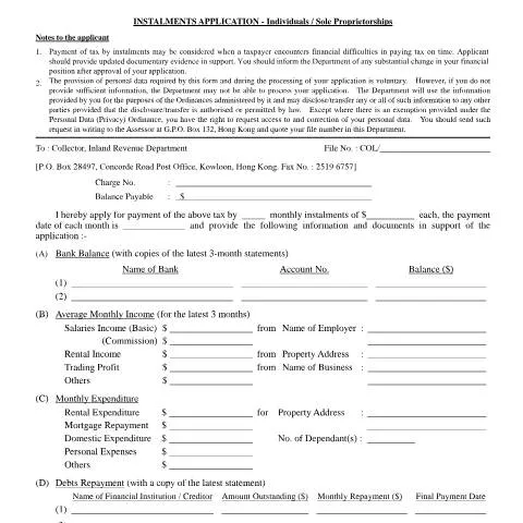 Document preview: Navigating the Instalments Application Process in Hong Kong — Taxes (CERFA n°IR 1360)