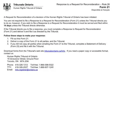 Document preview: Understanding the Response to a Reconsideration Request, Rule 26 (English / French) — Legal & justice (Form 21)