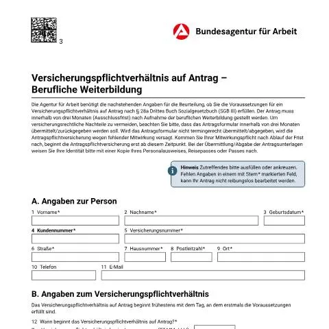 Dokumentvorschau: Versicherungspflicht bei beruflicher Weiterbildung - Antrag BA022520 — Arbeit & Beschäftigung (CERFA n°antragweiterbildung_ba022520)