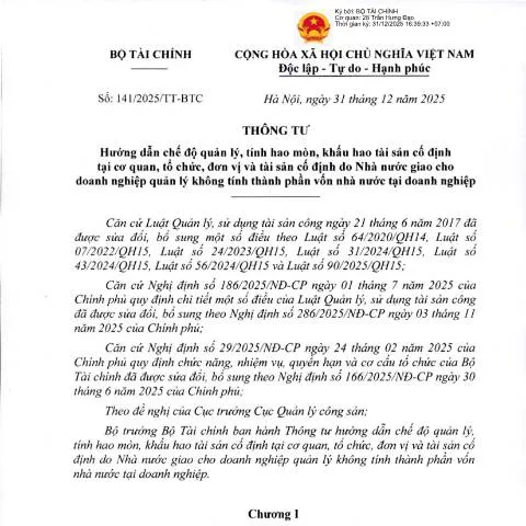Document preview: Thông tư 141/2025/TT-BTC: Quản lý và khấu hao tài sản cố định — Thuế & tài chính (CERFA n°141/2025/TT-BTC)