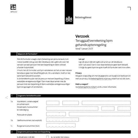 Documentvoorvertoning: Verzoek om Teruggaaf BPM voor Gehandicaptenregeling — Belastingen (CERFA n°bpm0321z17fol)