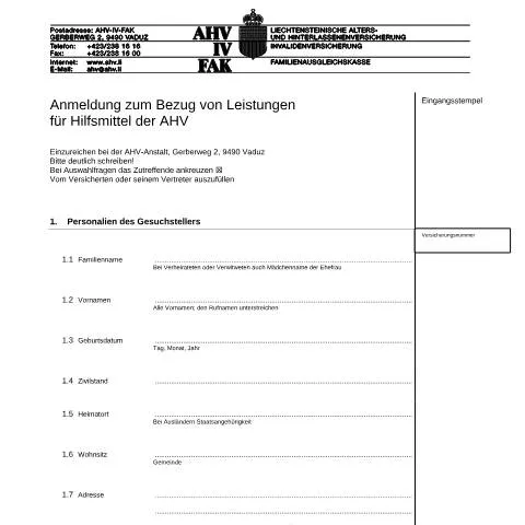 Dokumentvorschau: Leistungen für Hilfsmittel der AHV beantragen — Rente & Pension (CERFA n°AHV-IV-FAK-FORM-2-05--Anmeldung_Bezug_Leistungen_Hilfsmittel_AHV)