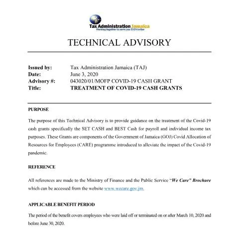 Document preview: Understanding Jamaica's COVID-19 Cash Grant Tax Guidelines — Taxes (CERFA n°Tax+Treatment+of+Covid-19+Cash+Grants+June_2020_Final)