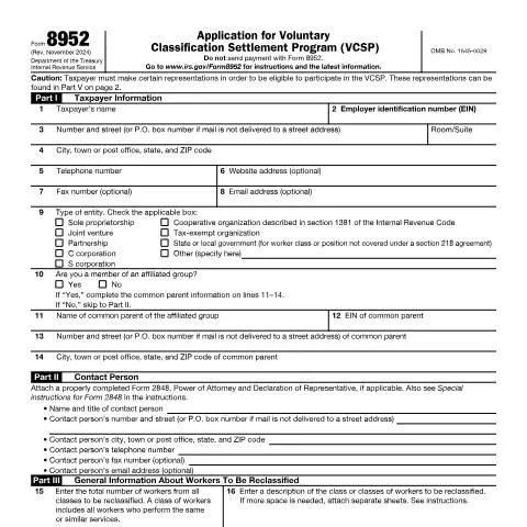Document preview: Navigating IRS Form 8952 for Employee Classification — Taxes (CERFA n°8952)