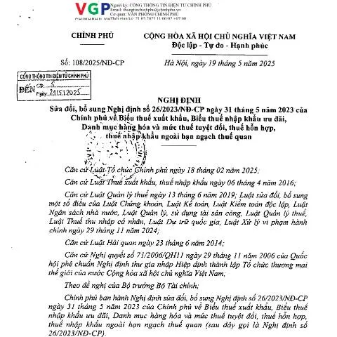 Document preview: Cập nhật Nghị định 108/2025/NĐ-CP về thuế xuất nhập khẩu — Thủ tục hành chính (CERFA n°108/2025/NĐ-CP)