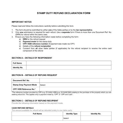 Document preview: Understanding the IRAS Stamp Duty Refund Declaration Form — Taxes (CERFA n°STAMP-DUTY-REFUND-DECLARATION-FORM1E7B64FB-EC14-4DBF-B65A-BEF0FD34B005)