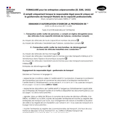 Aperçu du document Demande d'autorisation transporteur public routier 16093*04 — Démarches administratives (CERFA n°16093*04)