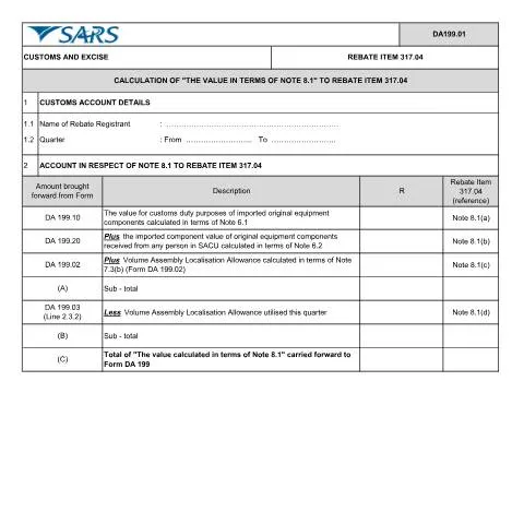 Document preview: Navigating the DA 199 01 Form for Customs Rebate in South Africa — Government & admin (CERFA n°DA 199 01)