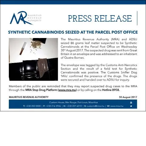 Document preview: Seizure of Synthetic Cannabinoids at Mauritius Post Office — Government & admin (Cannabinoid300817)