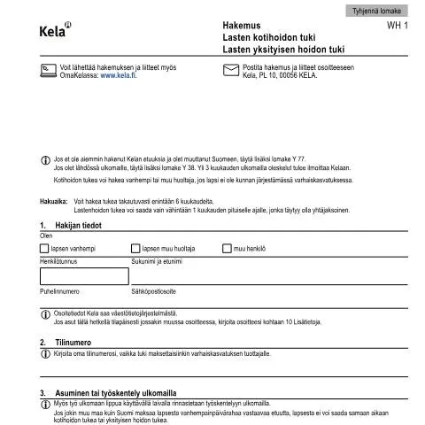 Document preview: Lasten kotihoidon tuki: Tuki perheille ja sen merkitys — Tuet & sosiaalietuudet (CERFA n°Kela WH 1)