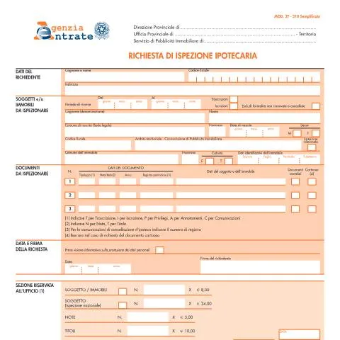 Anteprima documento Guida all'uso del modulo di richiesta di ispezione ipotecaria — Immobili e fondiario