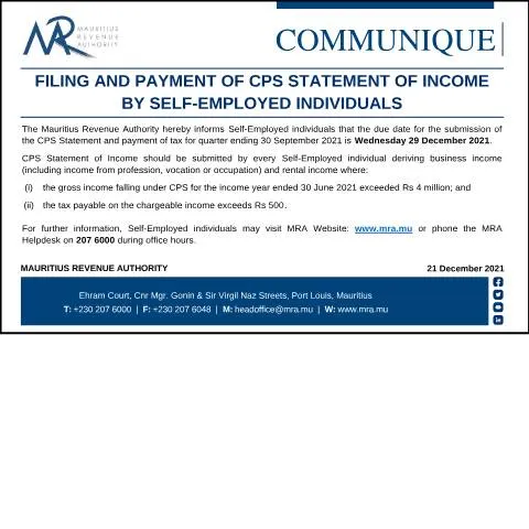 Document preview: Important Notice for Self-Employed on CPS Income Statement Submission — Taxes (CommuniqueCPS211221)