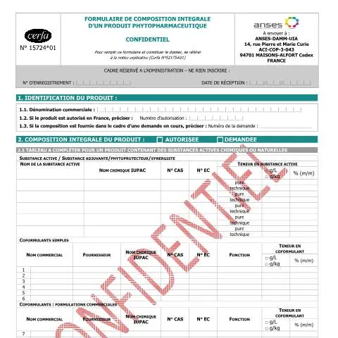Aperçu du document Déclaration de composition des produits phytopharmaceutiques en France — Démarches administratives (CERFA n°15724*01)