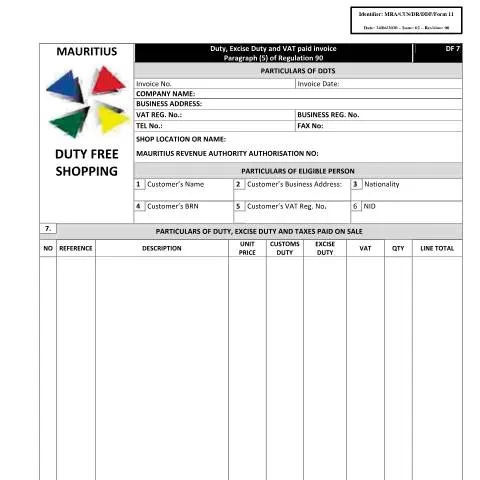 Document preview: Understanding the DF 7 - Duty and VAT Paid Invoice — Taxes (CERFA n°MRA-CUS-DR-DDF-Form11)