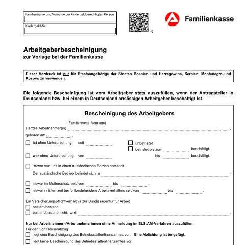 Dokumentvorschau: Arbeitsbescheinigung zur Vorlage bei der Familienkasse (KG 54-A) — Arbeit & Beschäftigung (CERFA n°arbeitsbescheinigung-zur-vorlage-bei-der-familienkasse-kg-54-a-de_ba052611)