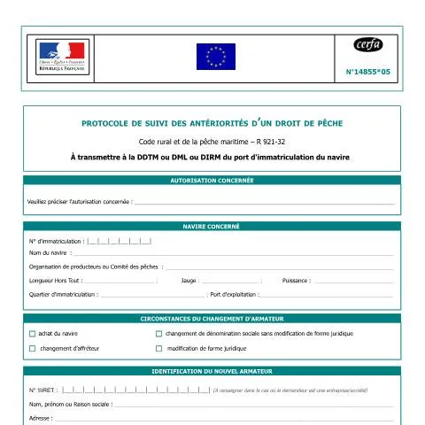 Aperçu du document Traçabilité historique des droits de pêche professionnelle — Démarches administratives (CERFA n°14855*05)
