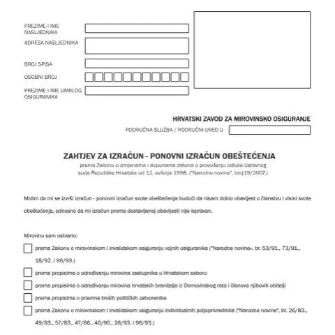Document preview: Zahtjev za izračun svote obeštećenja — Porezi i fiskalnost (CERFA n°Zahtjev_za_izracun_svote_obestecenja)