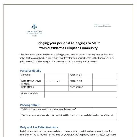 Document preview: Guide to Malta's Personal Belongings Declaration Process — Taxes (CERFA n°malta_personal_belongings_declaration_complete_fillable-(002)