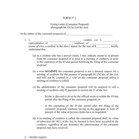 Document preview: Understanding the Voting Letter (Consumer Proposal) Form 37.1 — Legal & justice (Form 37.1)