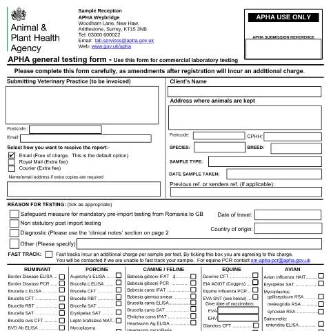 Document preview: LSW008 General Testing Form: Your Gateway to APHA Weybridge Services — Government & admin