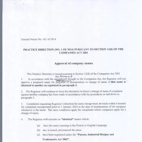 Document preview: Navigating Company Name Approval in Mauritius — Business (CERFA n°Companies-GN-161-of-2014)