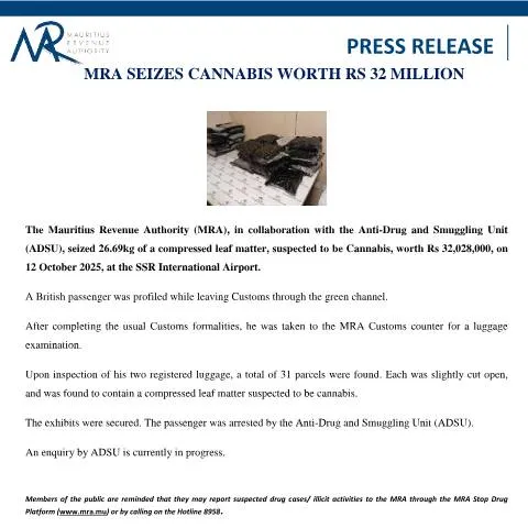 Document preview: Major Cannabis Seizure by MRA at SSR International Airport — Government & admin (PressRelease161025)
