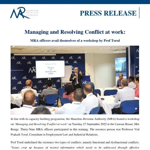 Document preview: MRA Officers Enhance Conflict Management Skills in Workshop — Work & employment (CERFA n°PressReleaseWorkshop290922)