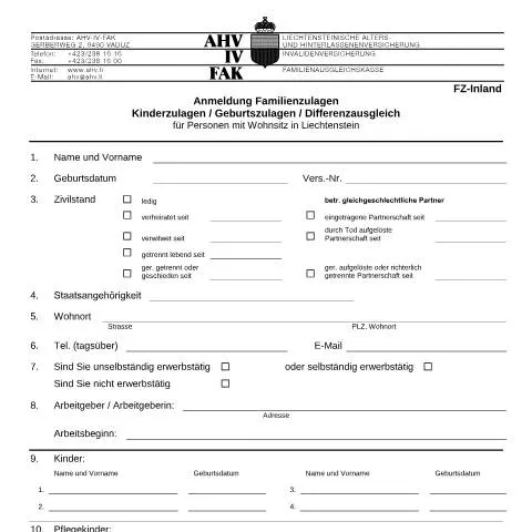 Dokumentvorschau: Familienzulagen Anmeldung in Liechtenstein: AHV-IV-FAK-FORM-4-01 — Rente & Pension (CERFA n°AHV-IV-FAK-FORM-4-01--Anmeldung_FZ_Inland)