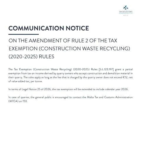 Document preview: Understanding the 2026 Comm Notice on Waste Regulation in Malta — Taxes (CERFA n°comm-notice---amendment-rule-2-const-waste-rec-17-02)