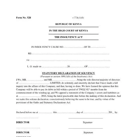 Document preview: The Significance of Form F32B in Kenyan Insolvency Law — Government & admin (CERFA n°f32b)