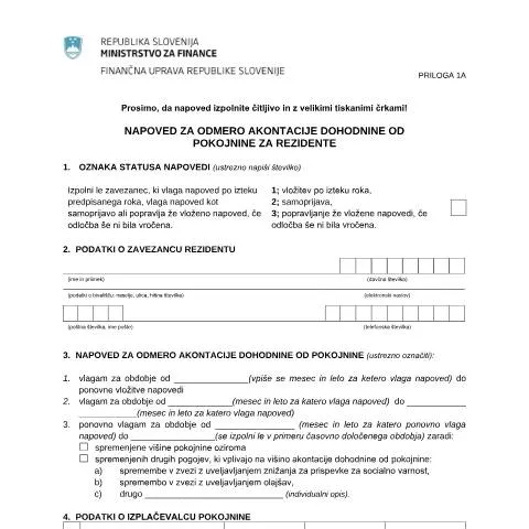 Document preview: Kako pravilno oddati napoved za akontacijo dohodnine od pokojnine — Davki & obdavčitev (CERFA n°Doh-Zap1A)