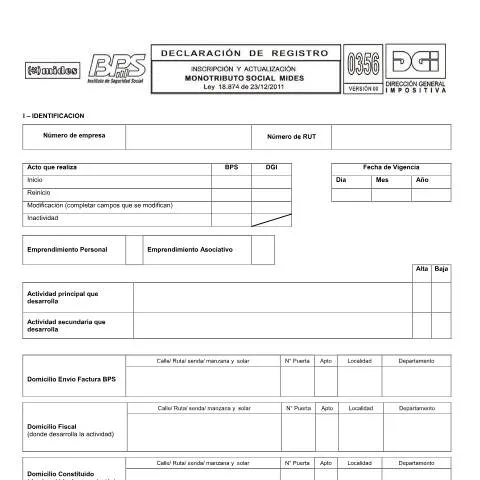 Vista previa del documento Inscripción y Actualización en el Monotributo Social MIDES — Impuestos (CERFA n°0356)