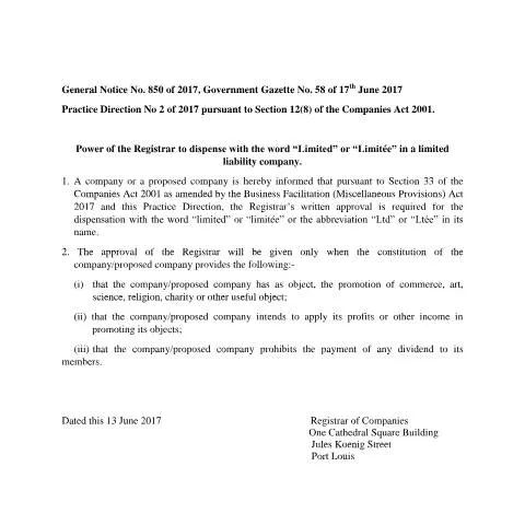 Document preview: Overview of Company Name Regulations in Mauritius — Government & admin (PRACTGENERAL-NOTICE-NO.-850-OF-2017-GOVERNMENT-GAZETTE-NO.-58-OF-17TH-JUNE-2017)