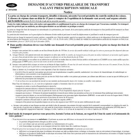 Aperçu du document Comment obtenir un accord préalable pour transport sanitaire — Santé (CERFA n°11575*08)