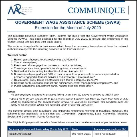 Document preview: Government Wage Assistance Scheme Extension for July 2020 — Work & employment (CERFA n°CommuniqueGWAS240720)