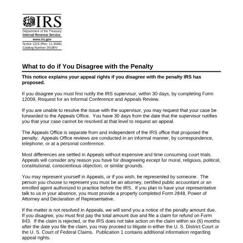 Document preview: Navigating IRS Form 1215 for Tax Penalty Disputes — Taxes