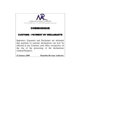 Document preview: Mauritius Customs Payment Procedures Update 2008 — Government & admin (CERFA n°communique250108)