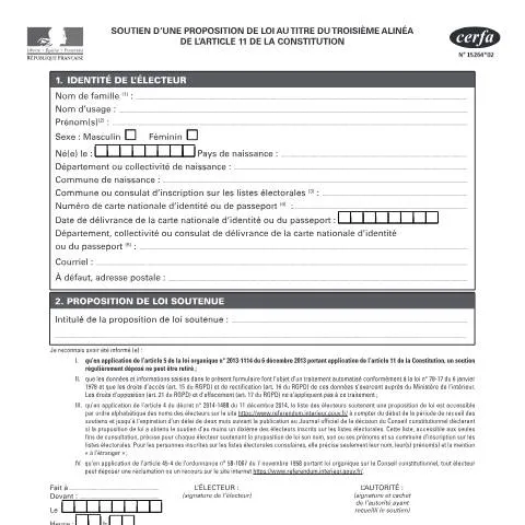 Aperçu du document Comment soutenir une proposition de loi par référendum citoyen — Démarches administratives (CERFA n°15264*02)