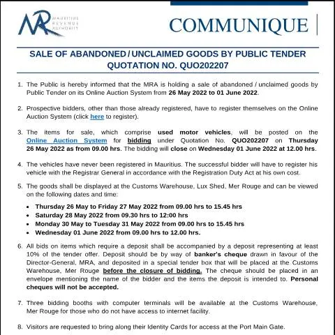 Document preview: Understanding Public Tender for Unclaimed Goods Sale — Government & admin (CommuniqueQUO202207)