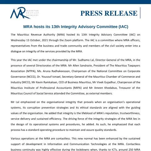 Document preview: MRA Enhances Integrity Through 13th IAC Meeting — Government & admin (PressRelease201021)