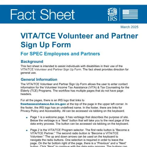 Document preview: Essential Guide to the VITA/TCE Sign Up Form — Taxes (CERFA n°PUB-6081)