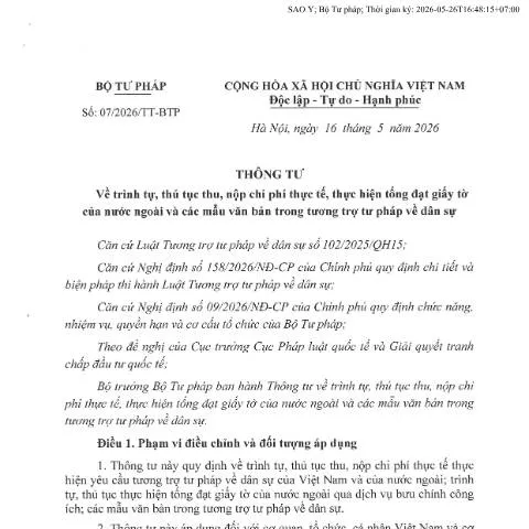 Document preview: Thông Tư 07/2026/TT-BTP: Quy Định Về Chi Phí Tống Đạt Giấy Tờ Nước — Thủ tục hành chính (CERFA n°07/2026/TT-BTP)