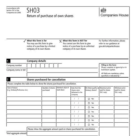 Document preview: How to Complete Form SH03 for Share Buyback Notifications — Government & admin