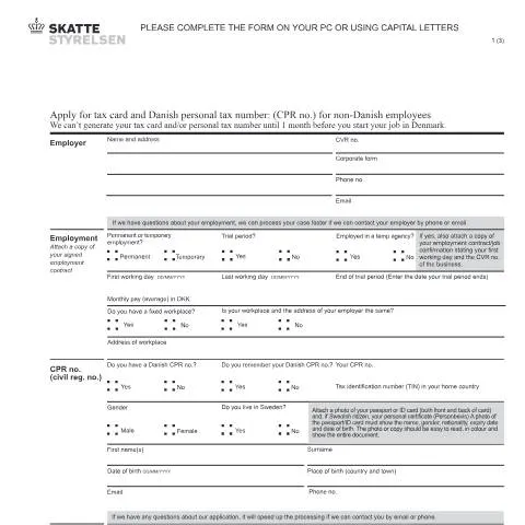Document preview: Guide til ansøgning om skattekort og dansk personnummer — Skatter & skat (CERFA n°04.063)
