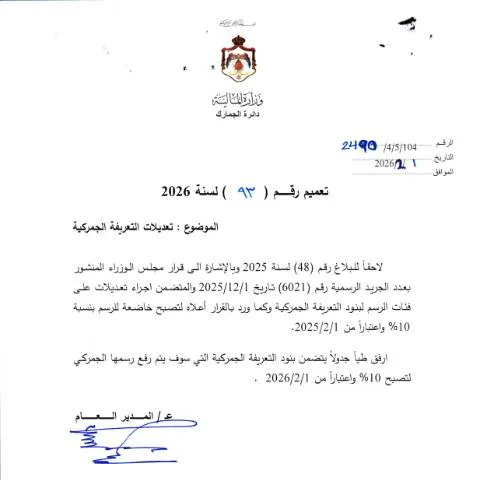 Document preview: تعديلات التعريفة الجمركية في الأردن وفق تعميم رقم 93 لسنة 2026 — الإجراءات الإدارية (CERFA n°رقم 93 لسنة 2026)
