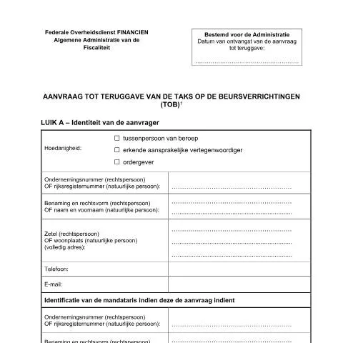 Aperçu du document Guide sur le formulaire 124 de remboursement de taxe boursière — Impôts & fiscalité (CERFA n°124-aanvraag-teruggave-taks-beursverrichtingen)